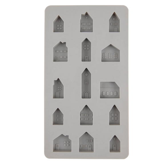 Gießform "Mini Häuser" von der Firma Rayher aus Silikon, 15 verschiedene Einzelmotive, für Gießbeton, Keraflott oder ähnliches, Abmessung der Gießform: 4,5 x 26 x 1,5 cm