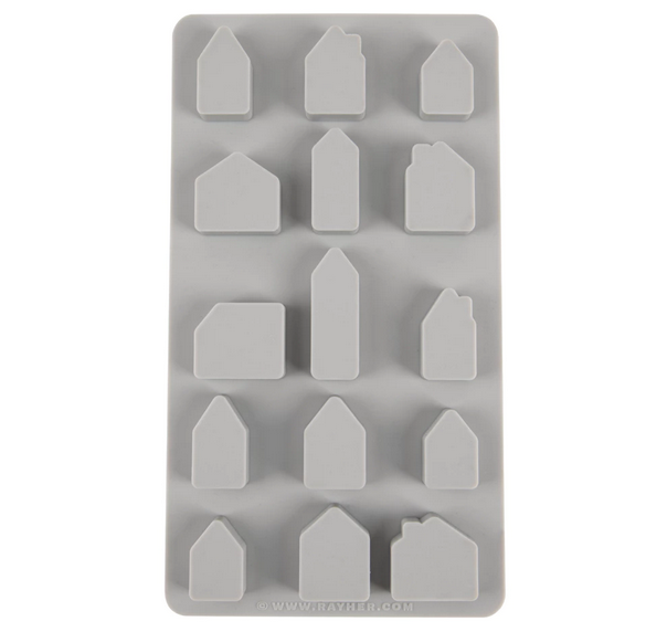 Gießform "Mini Häuser" von der Firma Rayher aus Silikon, 15 verschiedene Einzelmotive, für Gießbeton, Keraflott oder ähnliches, Abmessung der Gießform: 4,5 x 26 x 1,5 cm