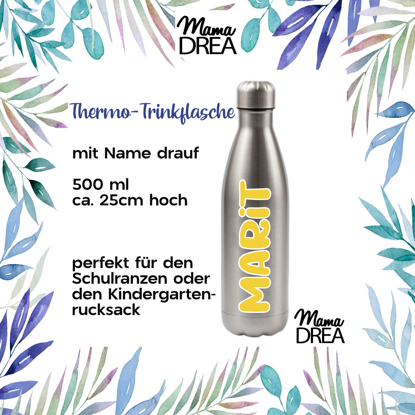 Thermo-Trinkflasche mit Kindername in der Farbe Silber, Inhalt ca. 500ml