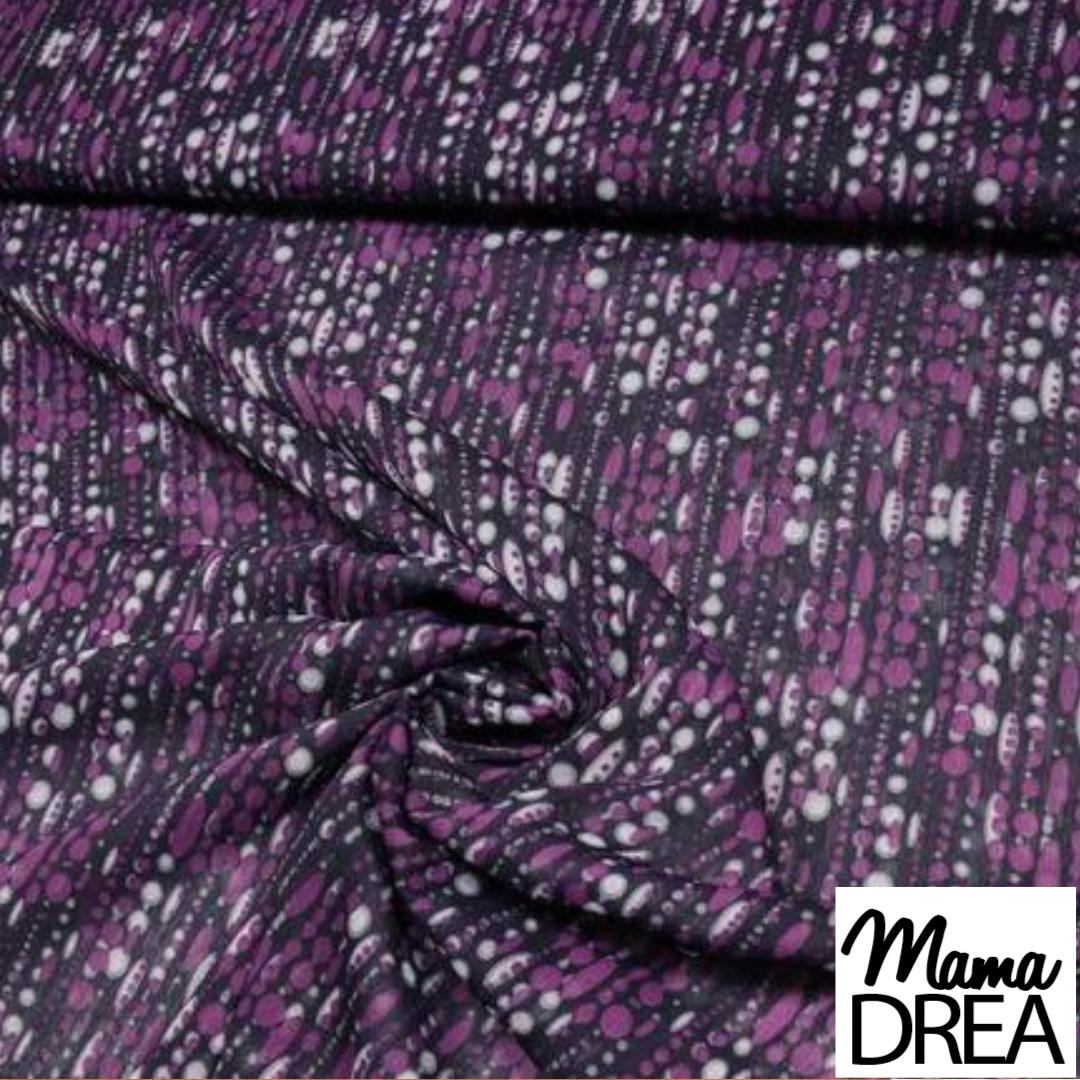 Meterware Crepé Chiffon mit Streifen und Punkten in den Farben Schwarz, Lila und Weiß // Qualität: 100% Polyester // Gewicht: 110g/m² // Breite: ca. 150cm //
