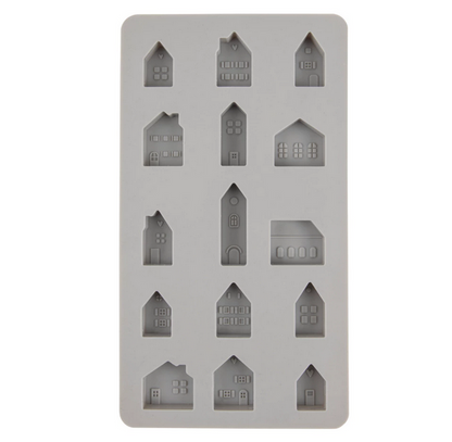 Gießform "Mini Häuser" von der Firma Rayher aus Silikon, 15 verschiedene Einzelmotive,  für Gießbeton, Keraflott oder ähnliches, Abmessung der Gießform: 4,5 x 26 x 1,5 cm