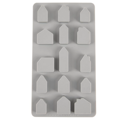 Gießform "Mini Häuser" von der Firma Rayher aus Silikon, 15 verschiedene Einzelmotive,  für Gießbeton, Keraflott oder ähnliches, Abmessung der Gießform: 4,5 x 26 x 1,5 cm