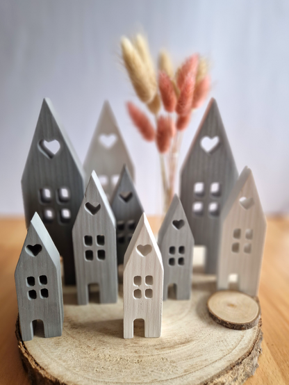 Häuser zum Aufstellen 3er Set Gießkeramik - Weiß, Hellgrau oder Dunkelgrau - 13,5cm / 11,5cm / 9,5 cm