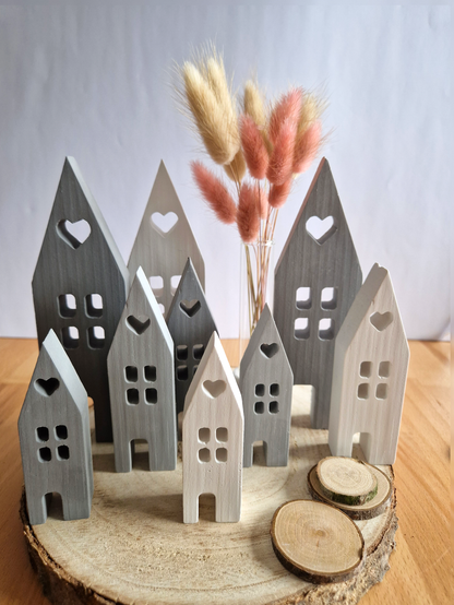 Häuser zum Aufstellen 3er Set Gießkeramik - Weiß, Hellgrau oder Dunkelgrau - 13,5cm / 11,5cm / 9,5 cm