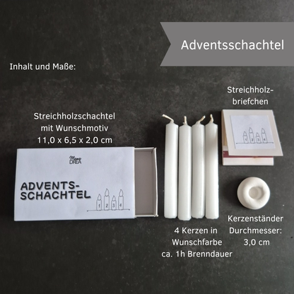 Adventsschachtel mit 4 Kerzen, Streichholzbriefchen und Kerzenständer