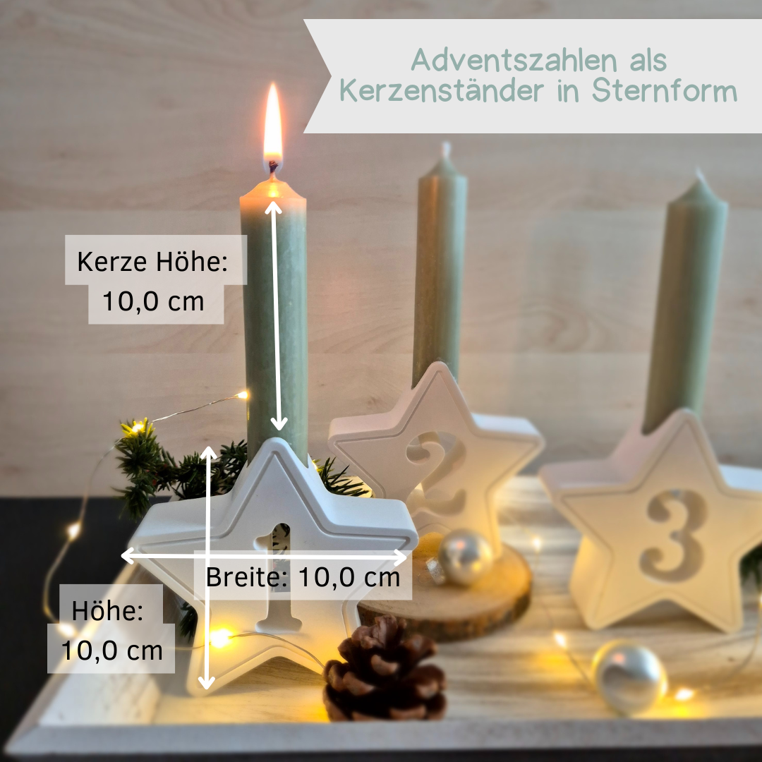 Adventszahlen Stern - vier schöne Kerzenständer in Sternform mit Hohlzahlen 1-4 für die Adventssonntage, stilvolle Deko für die Weihnachtszeit