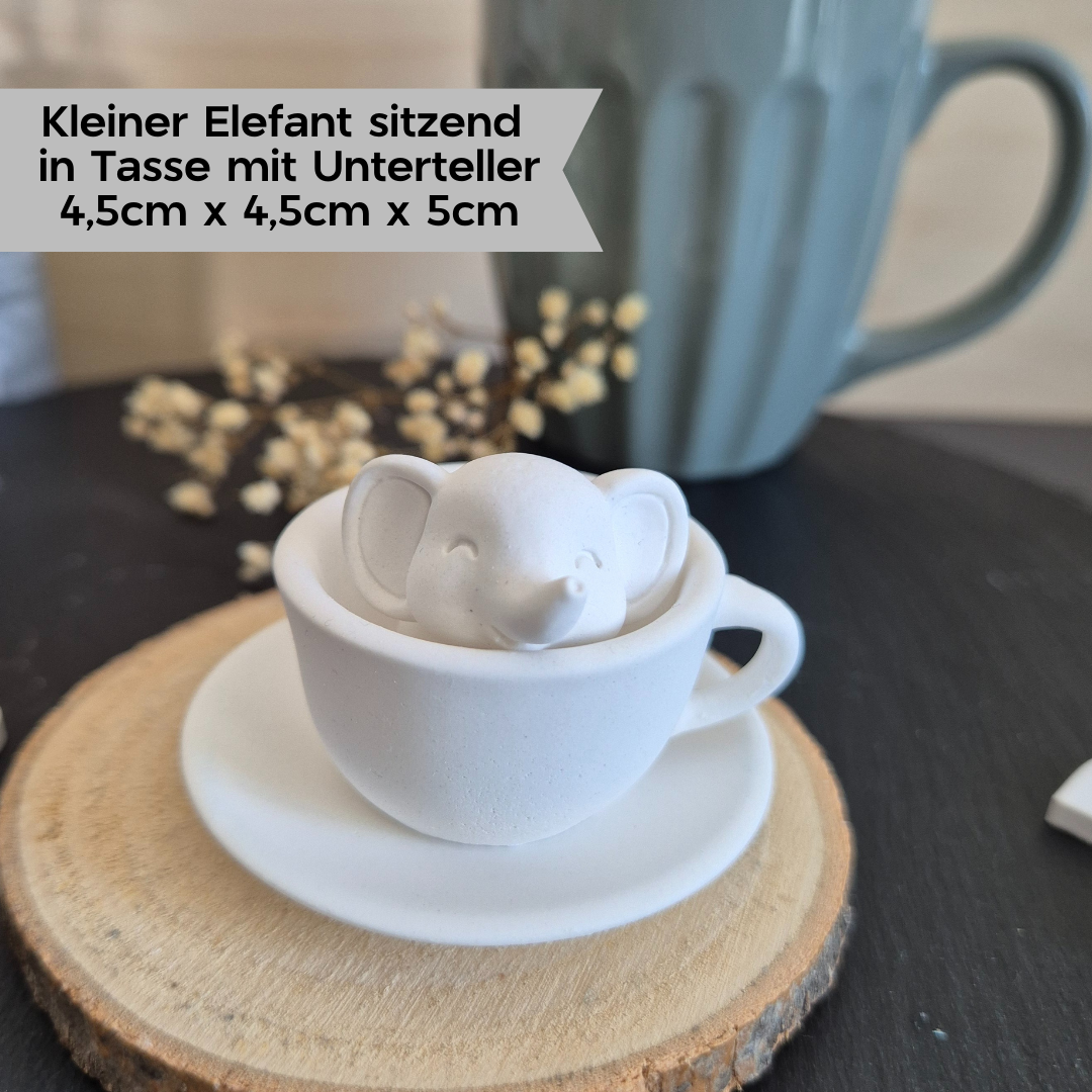 Dekofigur Elefant sitzend in kleiner Tasse mit passender Untertasse aus weißem Gießbeton, Tassentier, Glücksbringer, Hingucker, Eyecatcher, Geschenk, Schreibtisch