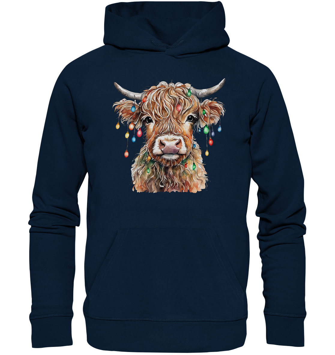 Ugly Christmas Sweater // Weihnachtspullover mit Hochland Rind und Lichterkette  // hässlicher Pullover für Erwachsene // Hoodie Kapuzenpullover für Partnerlook für Sie und Ihn, Tradition zu Weihnachten