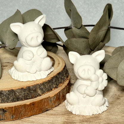 Glücksschwein sitzend auf Heu, mit Blume oder Kleeblatt in der Hand, aus weißem Gießbeton - Glücksbringer für den Jahreswechsel, Prüfungen oder Geburtstage // Abmessung: 3x3,5cm
