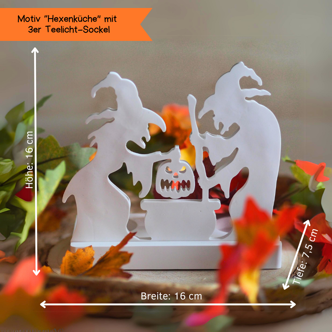 Teelichthalter mit Wechselrahmen Motiv "Hexe Kürbis Zauberer" aus weißem Gießbeton, Halloween Deko, Herbst Dekoration, für 3 Teelichter, Abmessungen: 16x16x7,5 cm