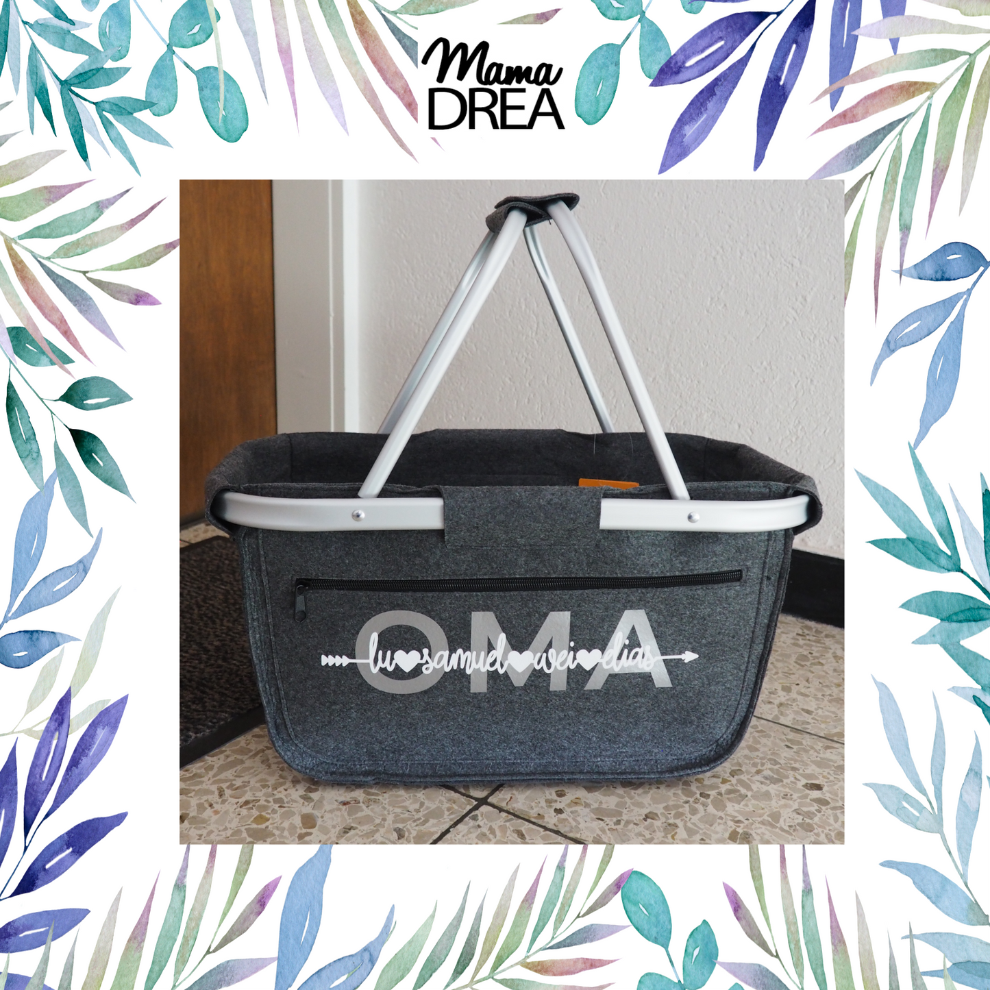 Mama Drea Filzkorb (personalisiert) mit Aluminium Tragegriffen und Reißverschlussfach, Abmessungen: 45 x 25 x 25cm, Tragekraft: max.15kg