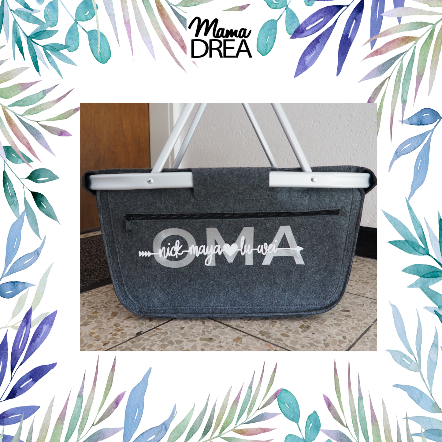 Mama Drea Filzkorb (personalisiert) mit Aluminium Tragegriffen und Reißverschlussfach, Abmessungen: 45 x 25 x 25cm, Tragekraft: max.15kg