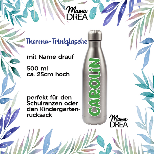 Thermo-Trinkflasche mit Kindername in der Farbe Silber, Inhalt ca. 500ml