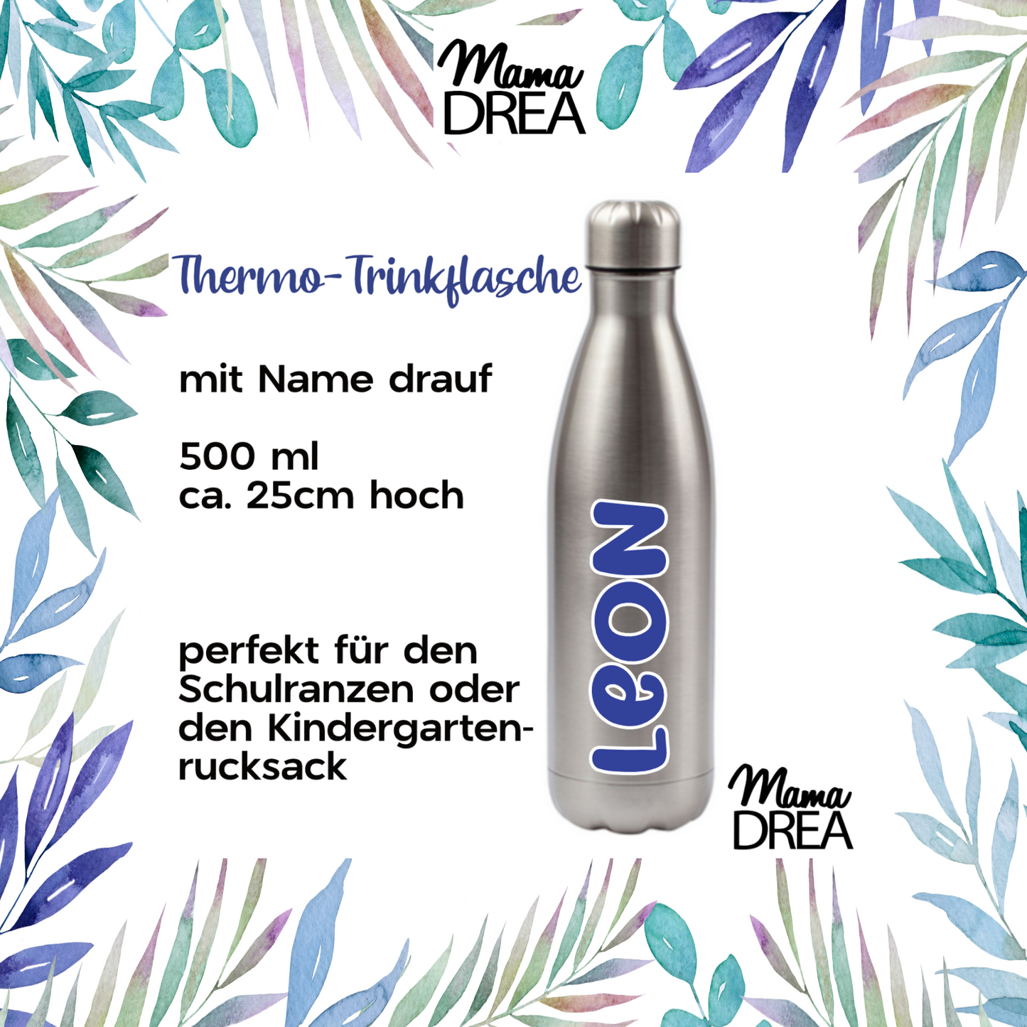 Thermo-Trinkflasche mit Kindername in der Farbe Silber, Inhalt ca. 500ml