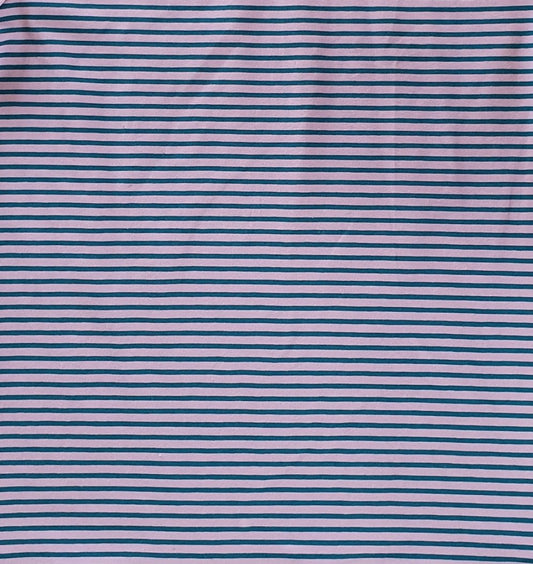 Meterware Baumwoll Jersey  in der Farbe Petrol-Rosa geringelt //  Qualität: 93% Baumwolle, 7% Elasthan // Breite: ca. 150cm // Gewicht: 220 g/m² // ÖkoTex Standard 100 Zertifiziert